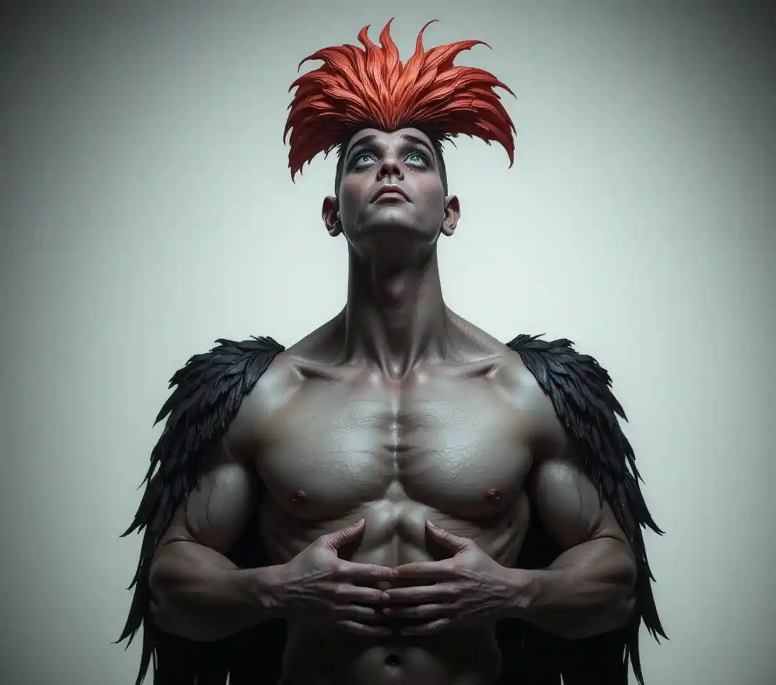 Surreal hybrid bird woman standing above crouching man
