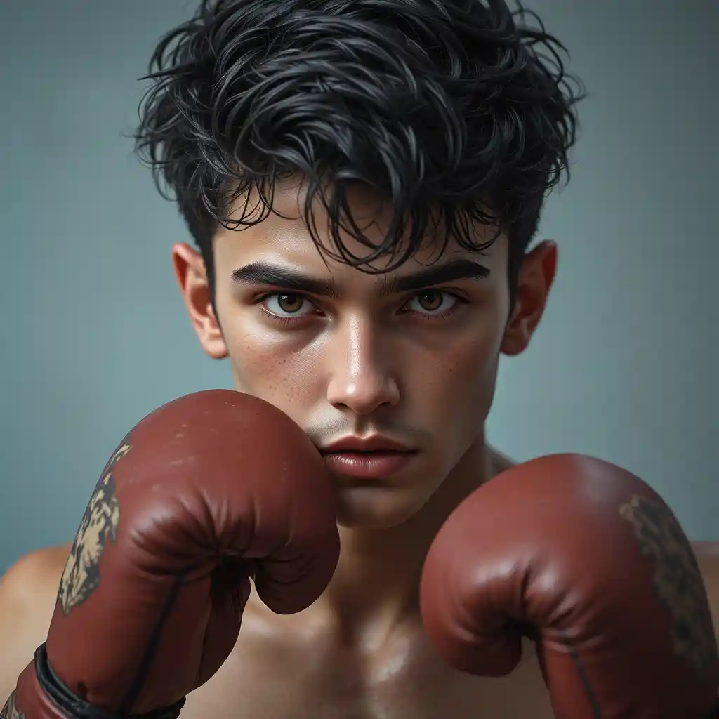 Joven boxeador con postura enfocada y mirada decidida