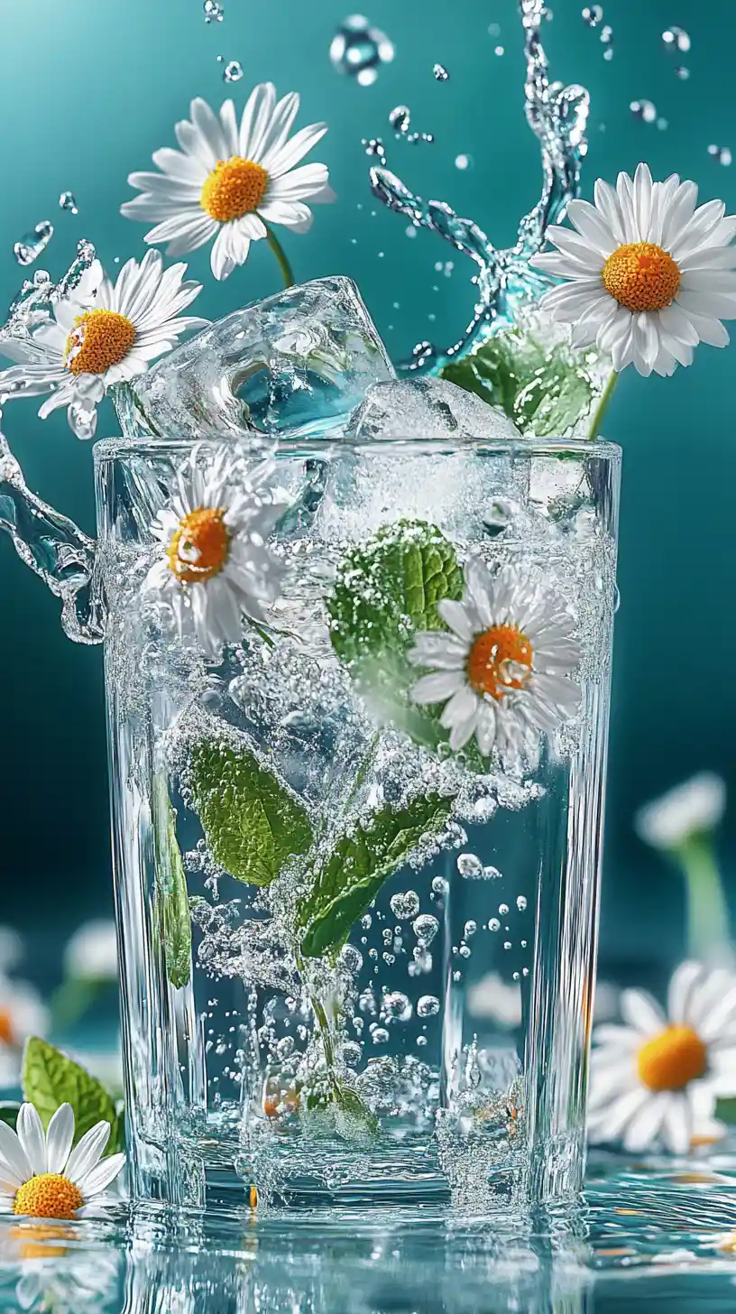 Glass of iced water with chamomile flowers and mint leaves