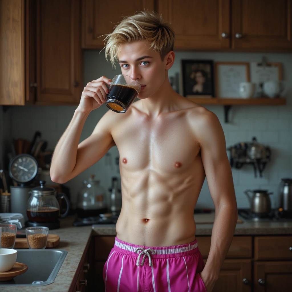 Giovane che beve caffè con pantaloni a righe
