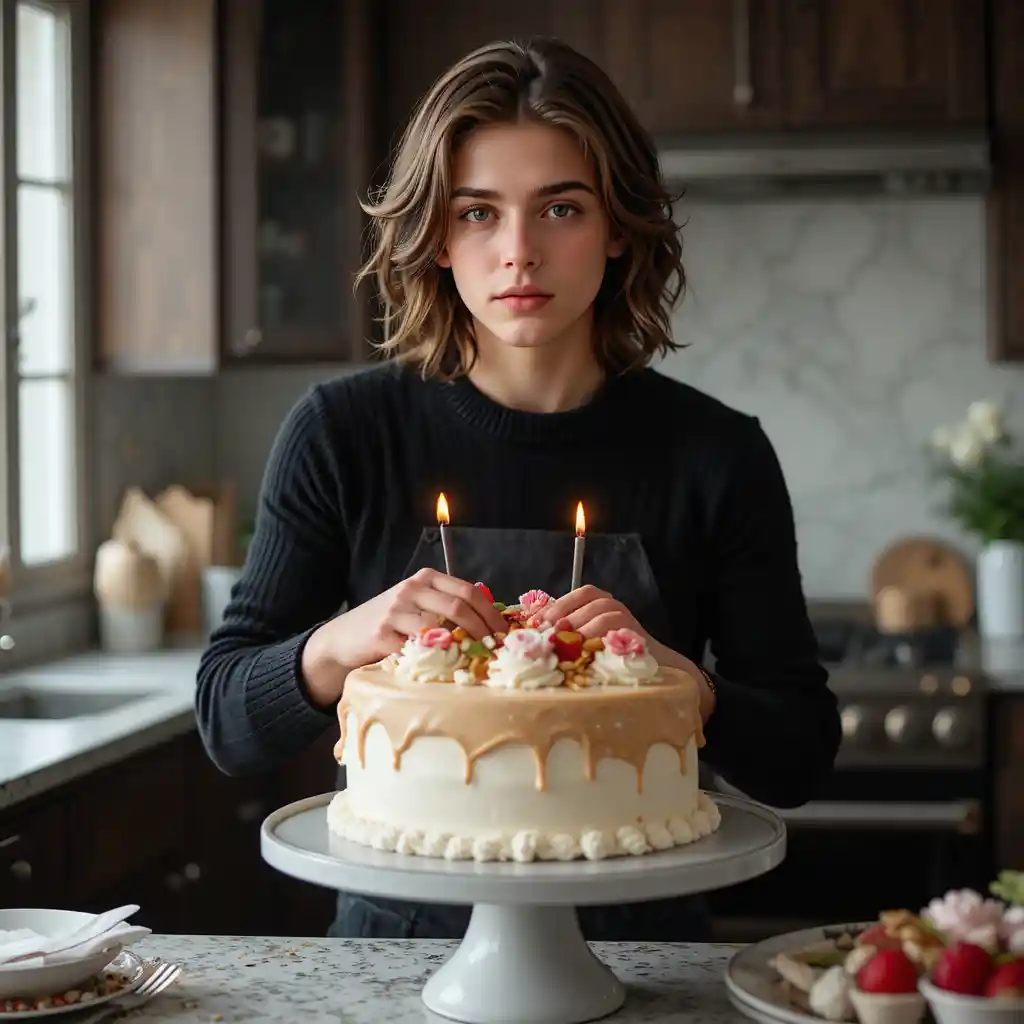 Young man decorating a cake in a modern kitchen