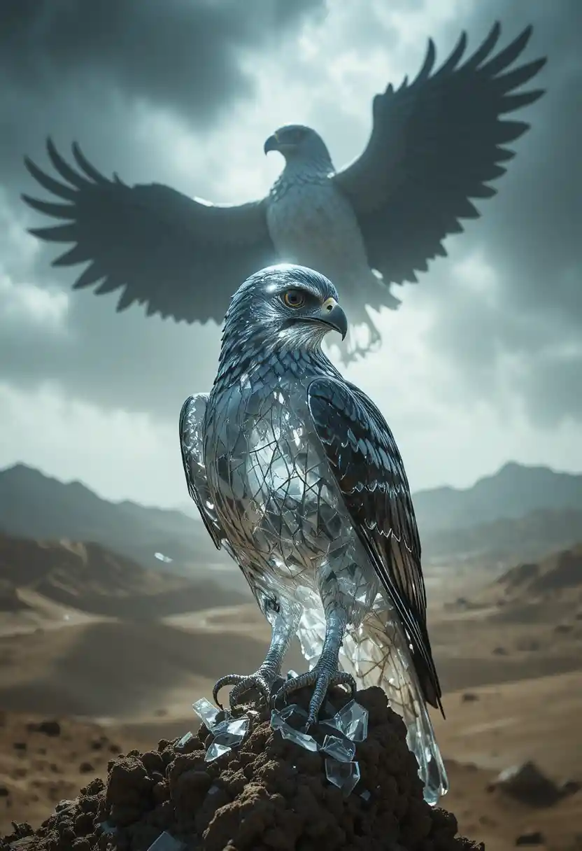Glass falcon under looming eagle shadow in desert storm