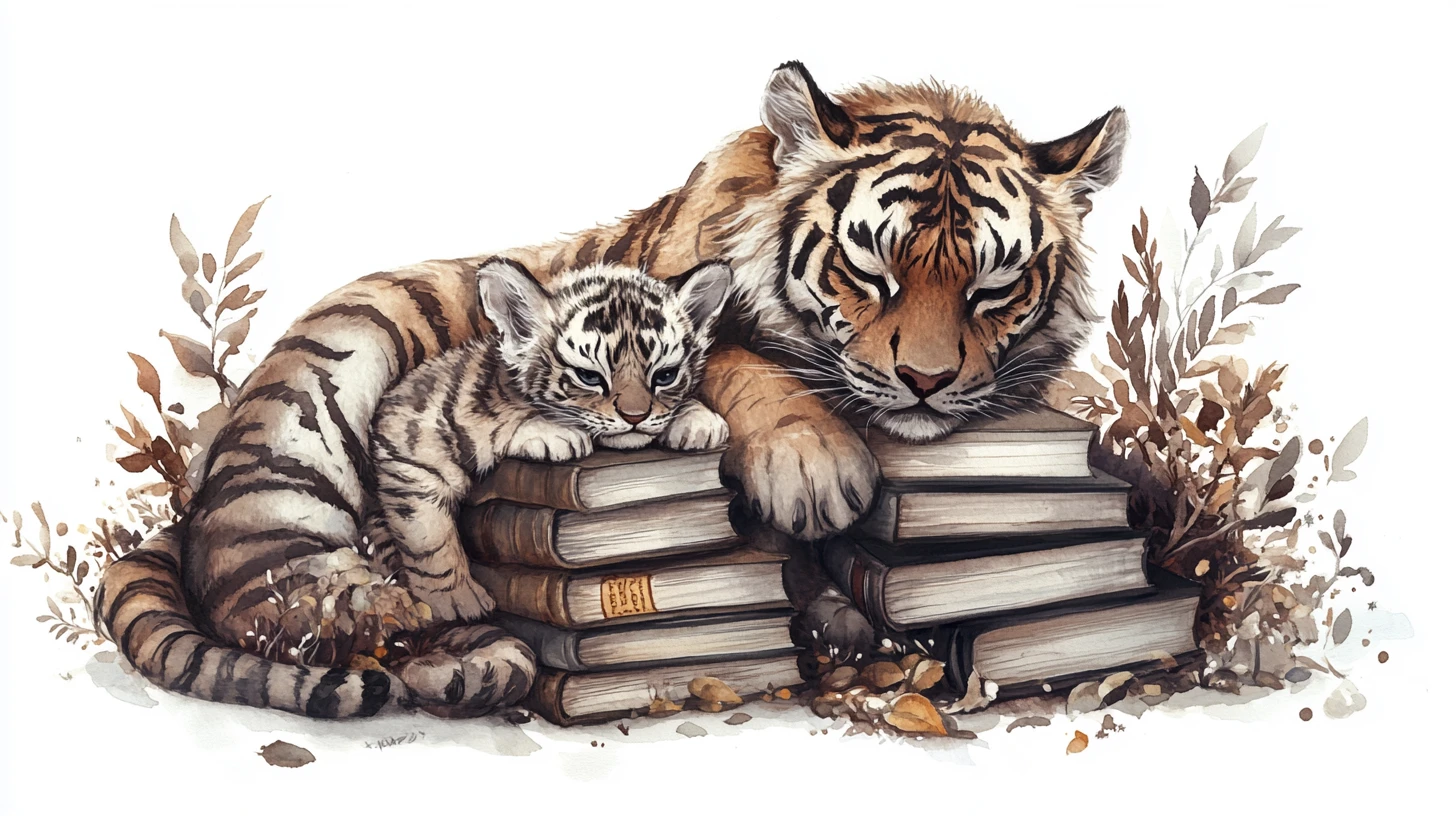 Tigre aquarelle onirique et son petit à côté de livres empilés