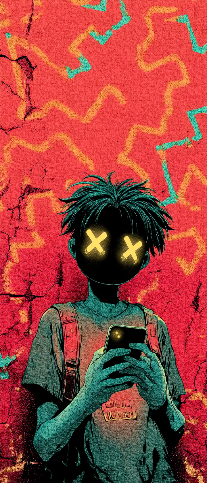 破裂鏡子與抽象塗鴉牆前的動漫男孩