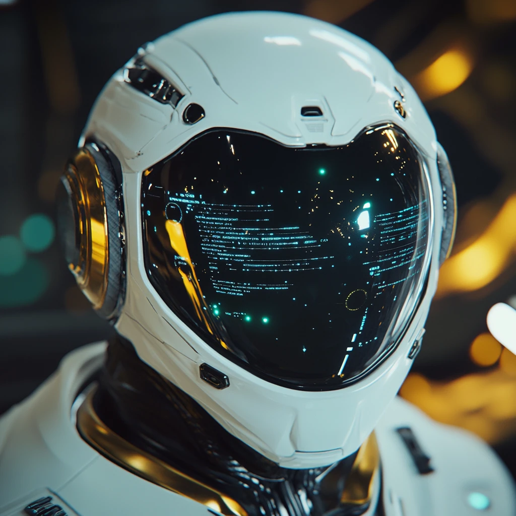 Gros plan extrême sur un casque de pilote futuriste et un HUD holographique