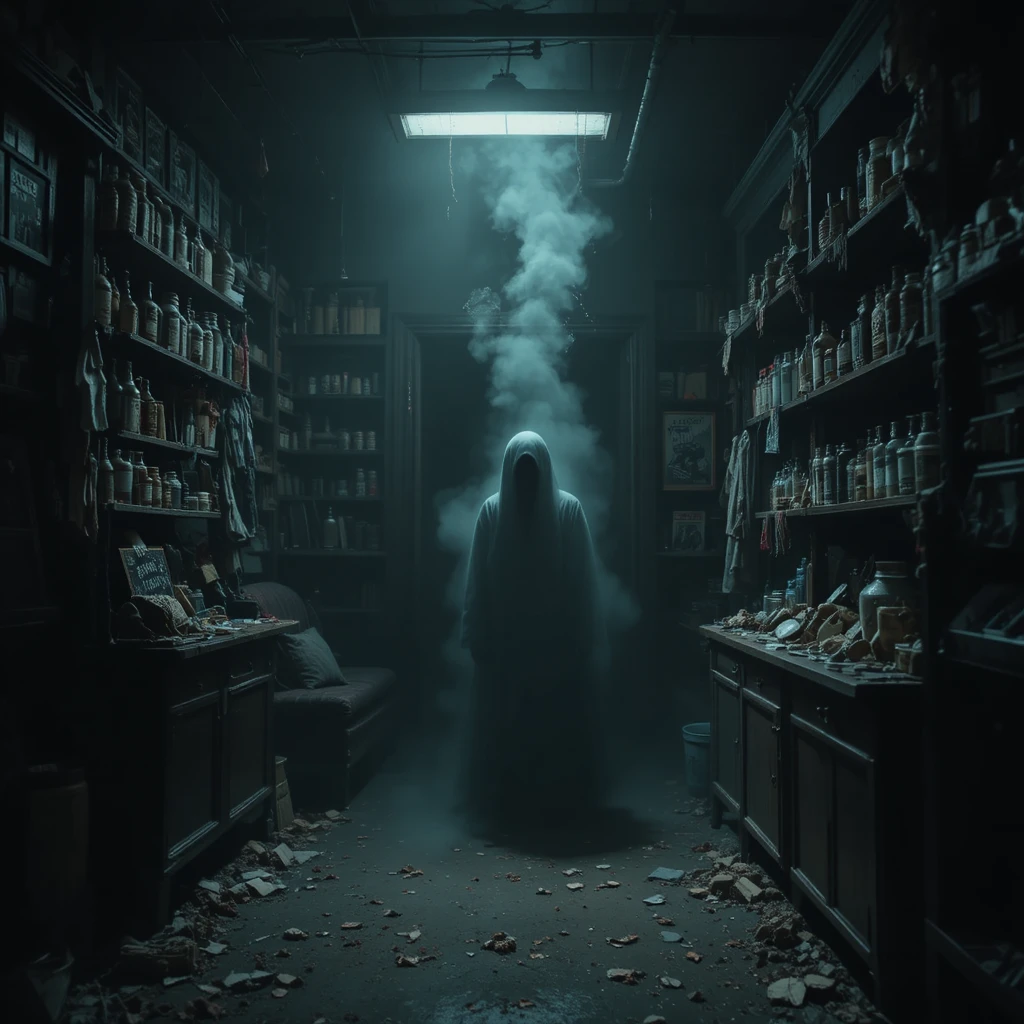Dark Haunted Shop Interior With Floating Dust And Shadows