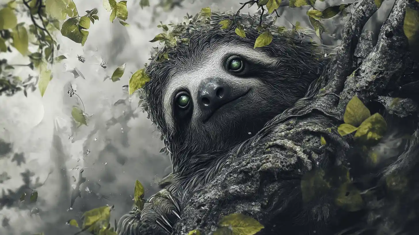 Retrato Surreal de Bicho-Preguiça com Olhos de Tons Elétricos