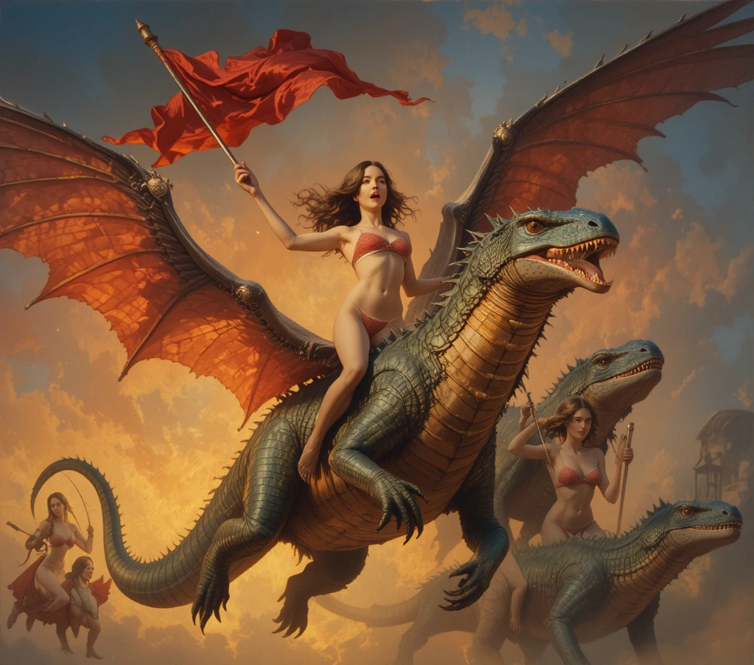 Winged beasts ridden by bikini clad women at sunset
