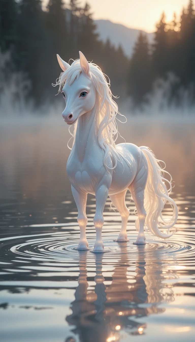 Mythical pearlescent creature standing in a tranquil lake