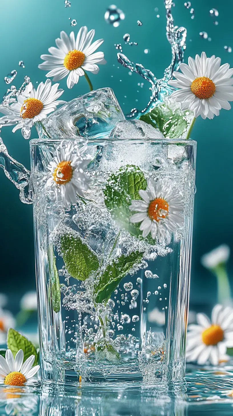 Glas eiskaltes Wasser mit Kamillenblüten und Minzblättern