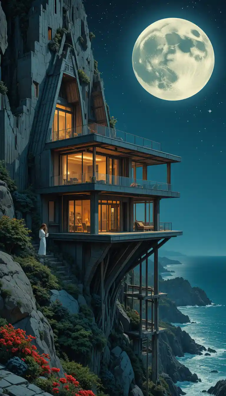 Modernes Klippenhaus bei Nacht mit Mädchen am Fenster