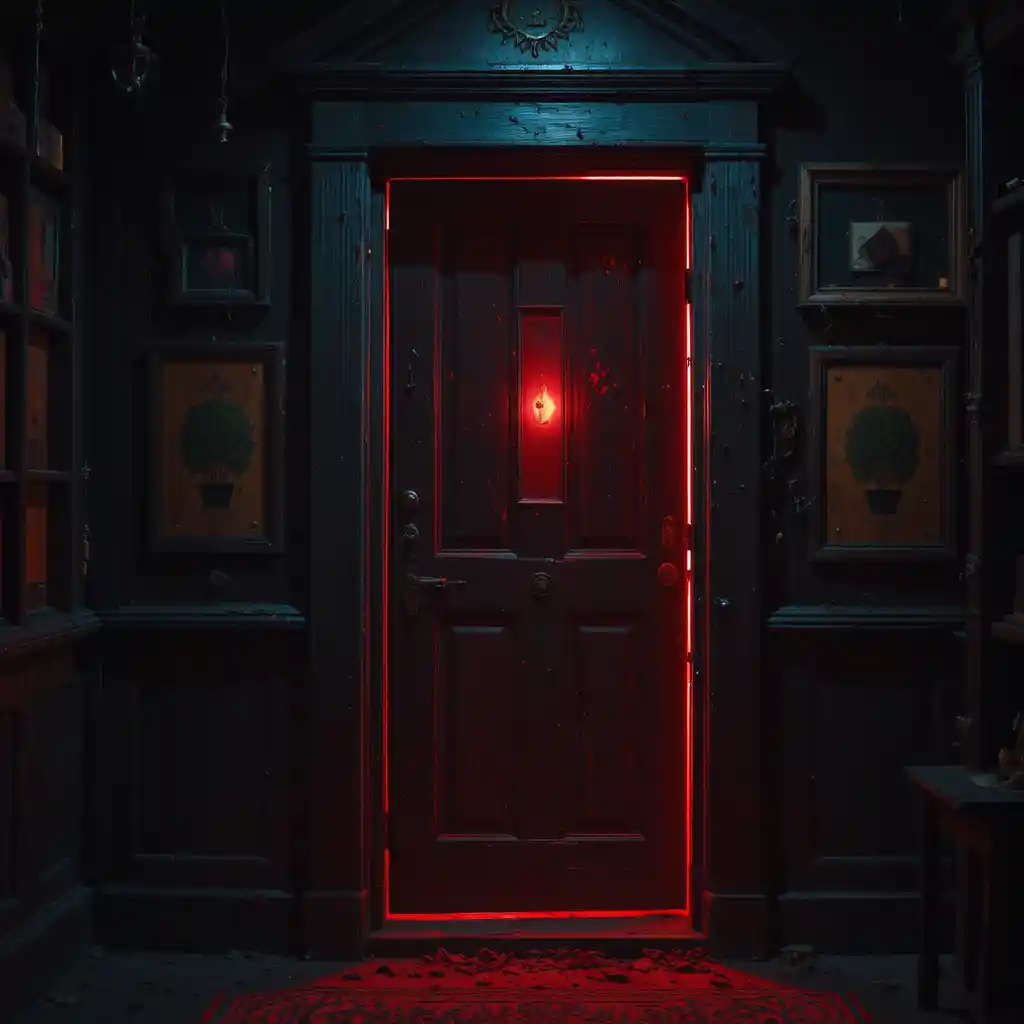Old Wooden Shop Door Opening To Glowing Red Light