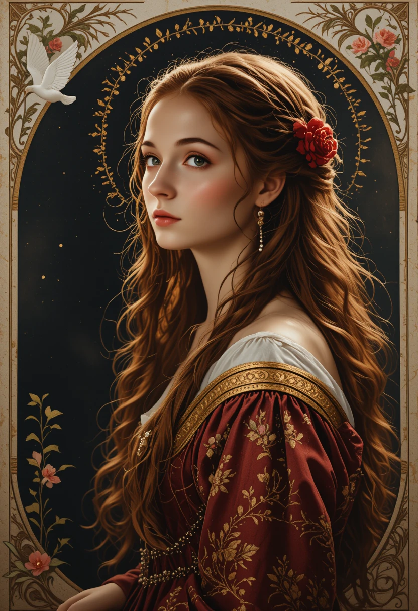 Pre Raphaelite portrait of a young woman with roses