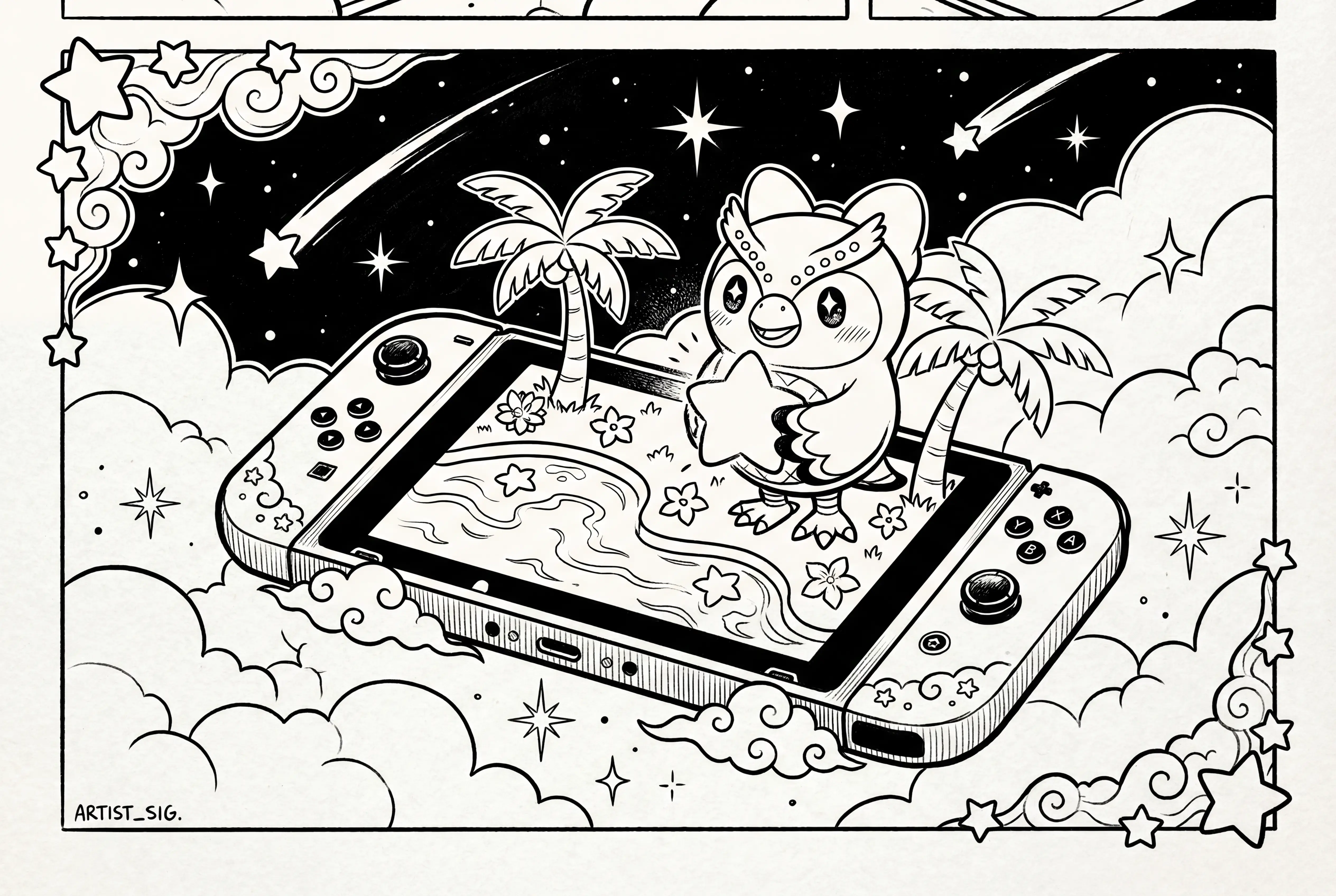 漂浮任天堂 Switch 小島上的奇幻貓頭鷹插畫