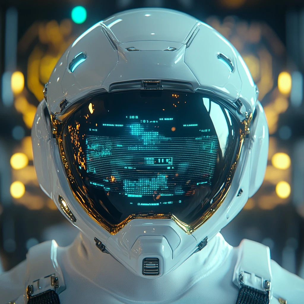 Gros plan extrême d’un casque de pilote futuriste avec HUD holographique