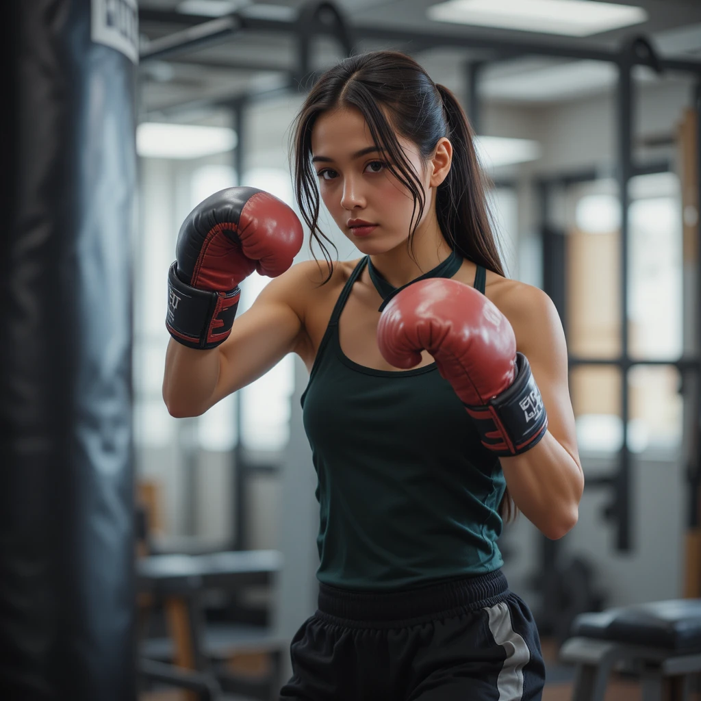 Young girl boxing workout in a gym interior
