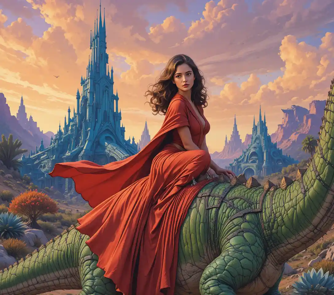 Woman riding dinosaur in retro sci fi alien landscape