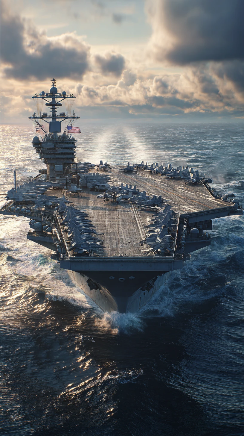 Vista cinematográfica de um porta-aviões americano no mar