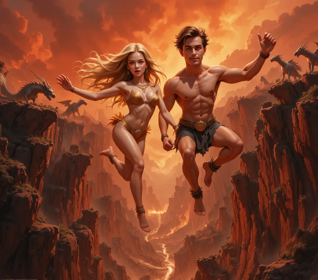 Heroic couple leaping across a fiery hellish chasm