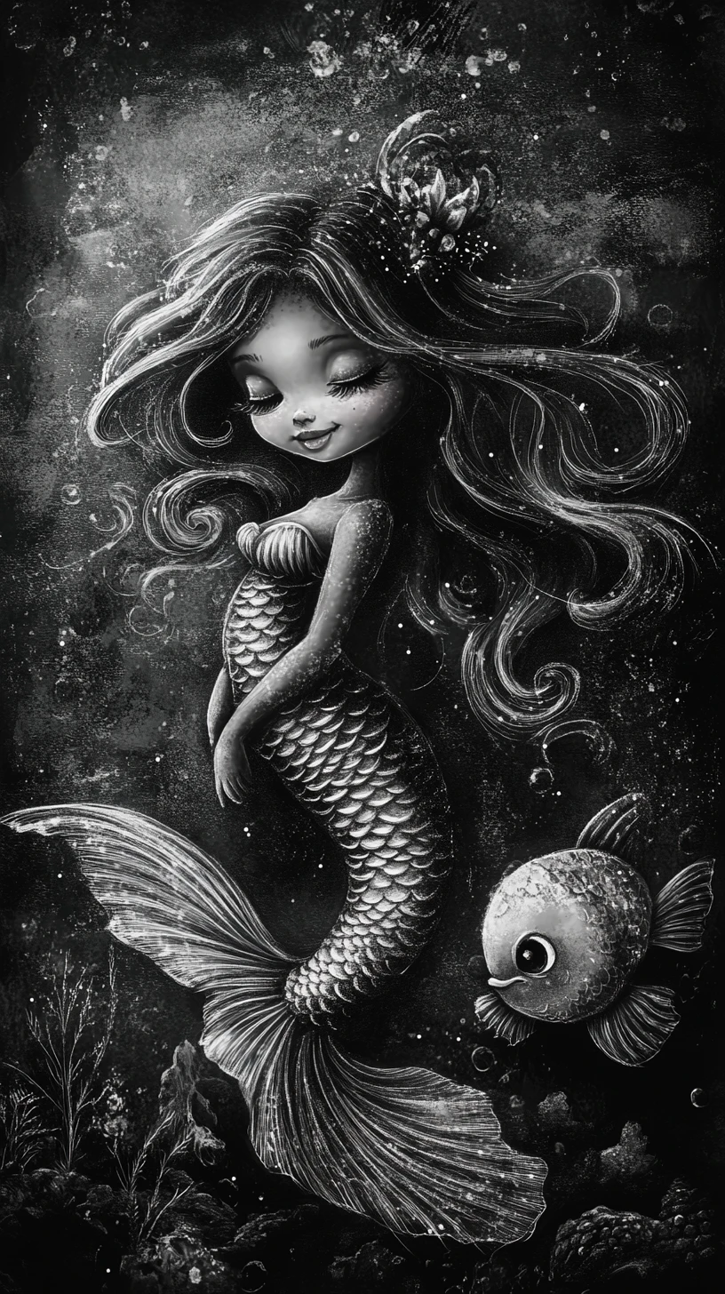 Retrato em carvão de uma sereia amigável com peixe companheiro