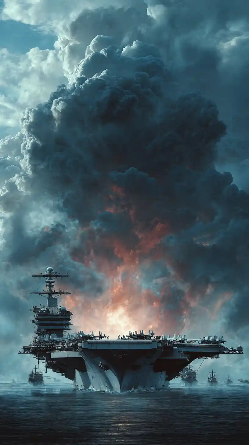 Vue cinématographique d’un porte-avions américain en mer