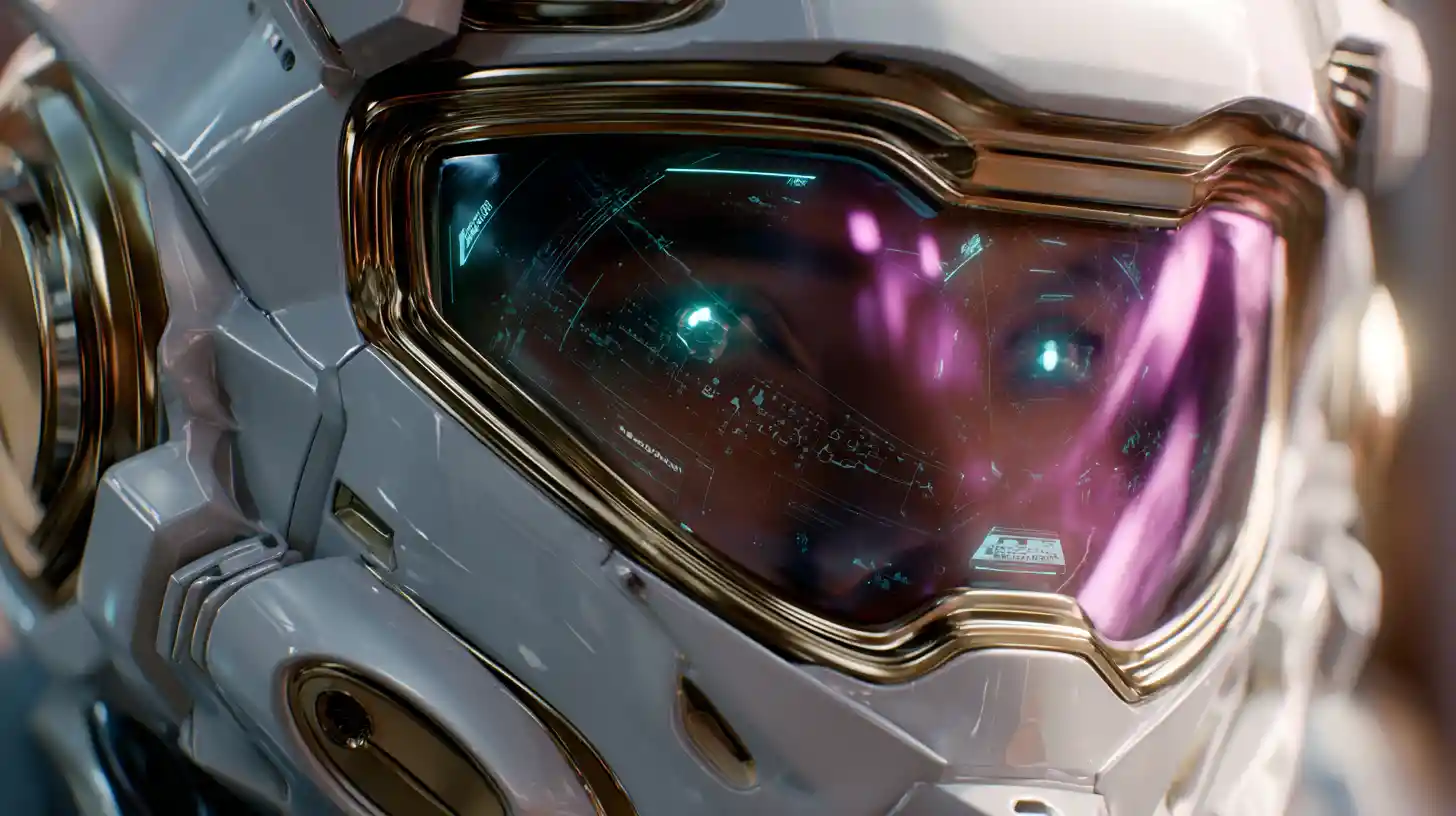 Gros plan extrême sur un casque de pilote futuriste avec HUD holographique