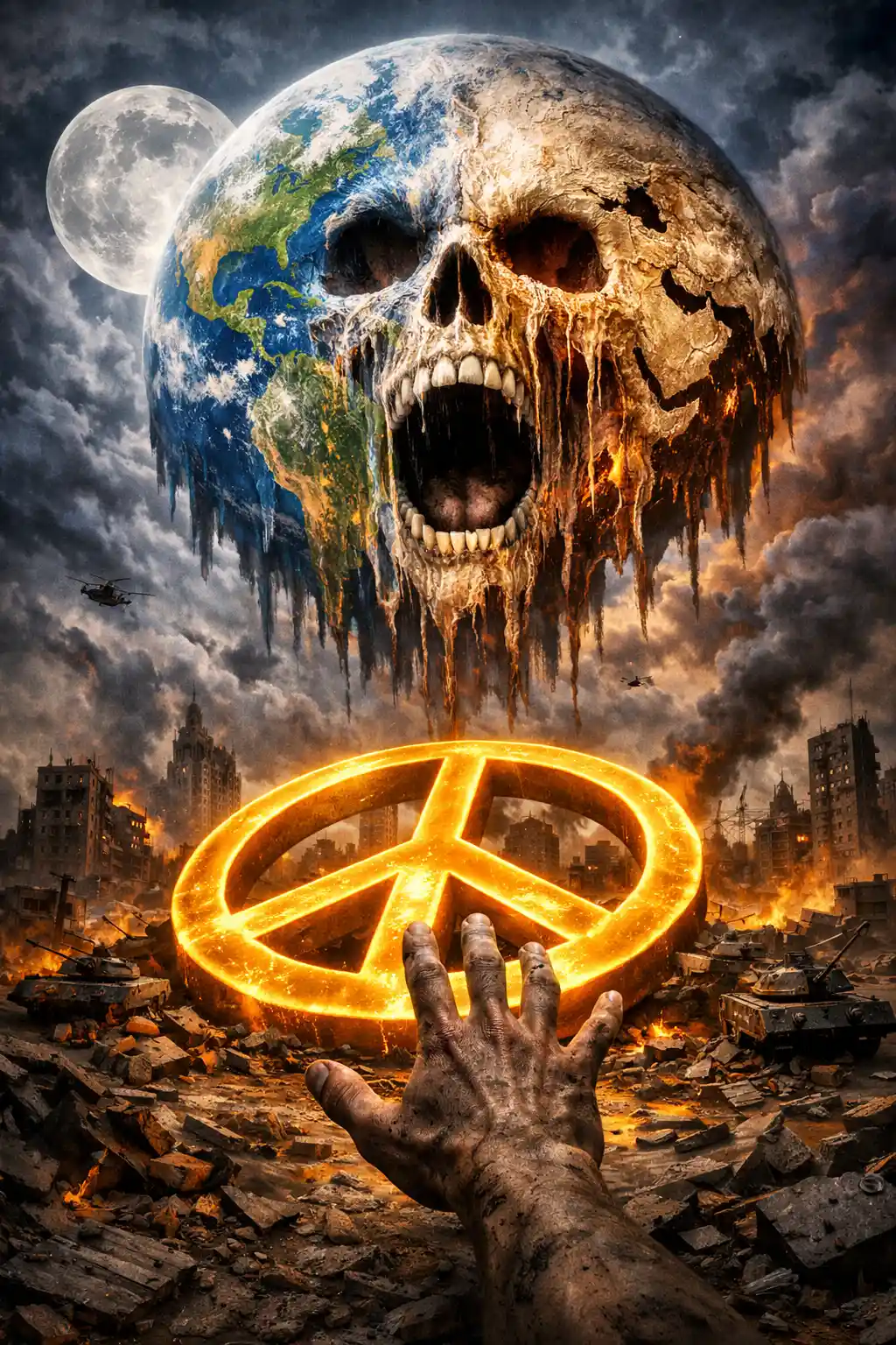 Surreal skull earth face with moon and fallen peace sign