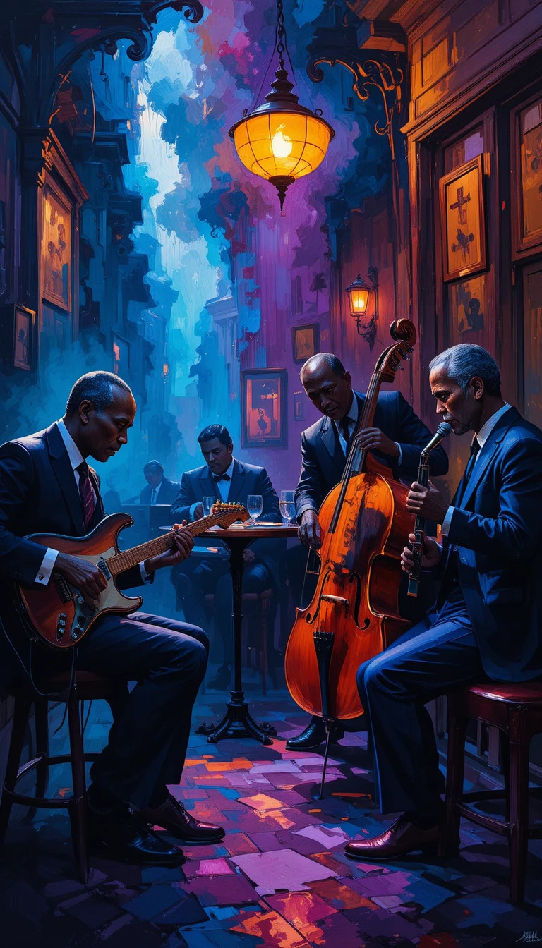 Quarteto de jazz abstrato em um speakeasy parisiense enfumaçado