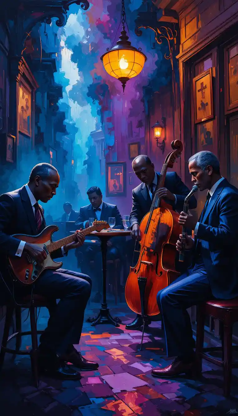 Quartetto jazz astratto in uno speakeasy parigino pieno di fumo