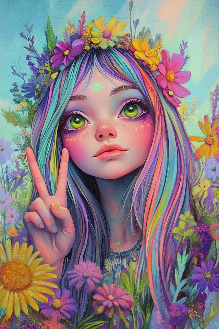 Dreamy rainbow haired woman making a peaceful gesture