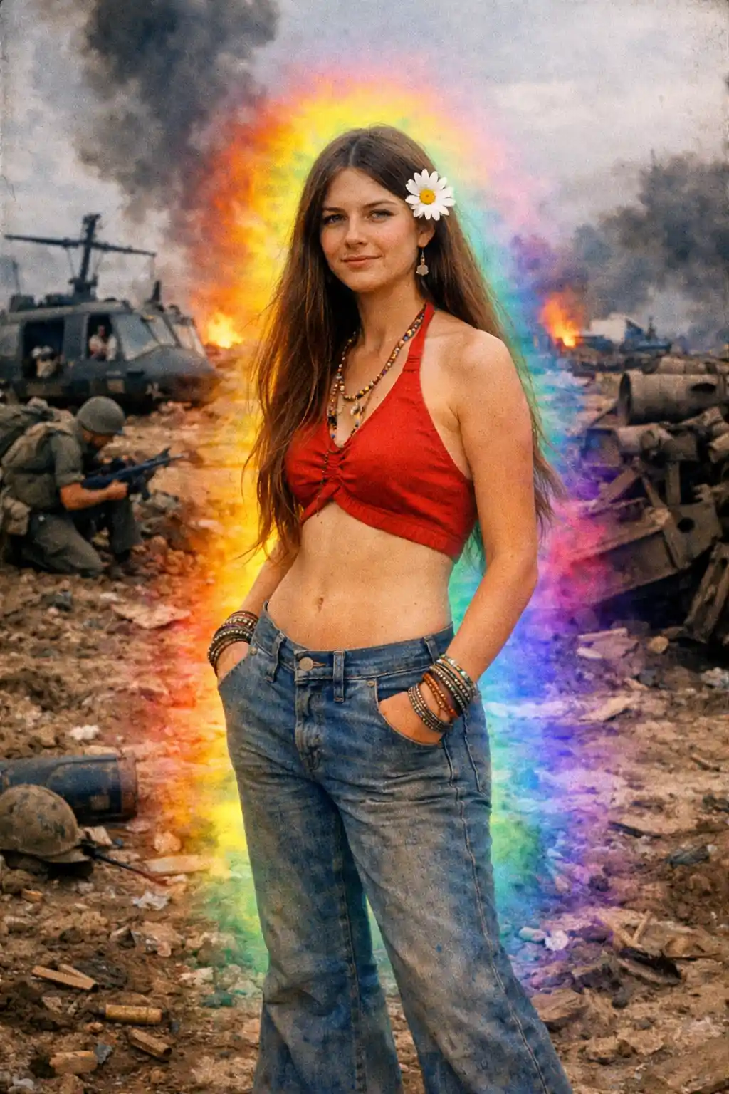 Donna hippie con pantaloni a zampa in una zona di guerra