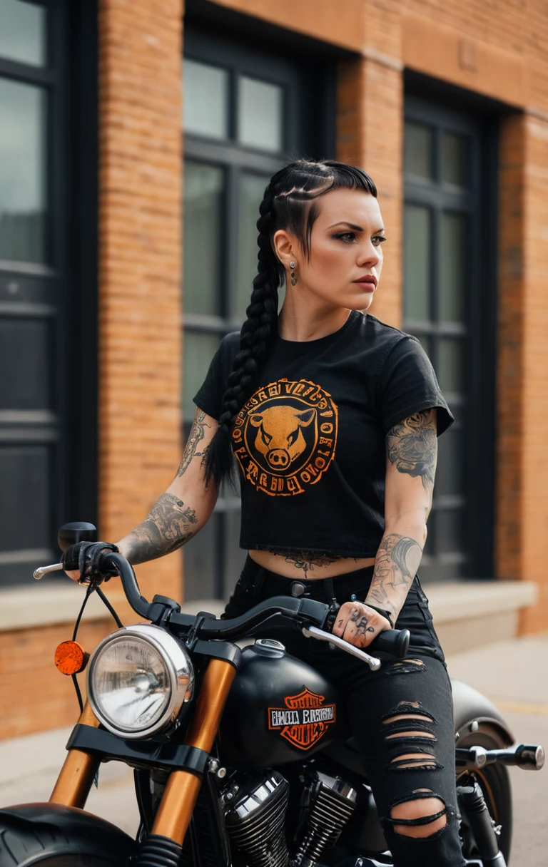 Mulher motociclista tatuada pilotando moto preta na cidade