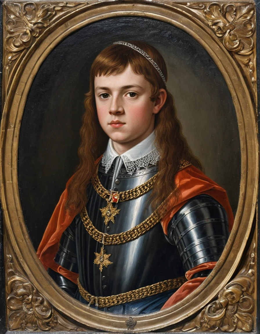 Jovem rei escocês em retrato em um grandioso castelo renascentista