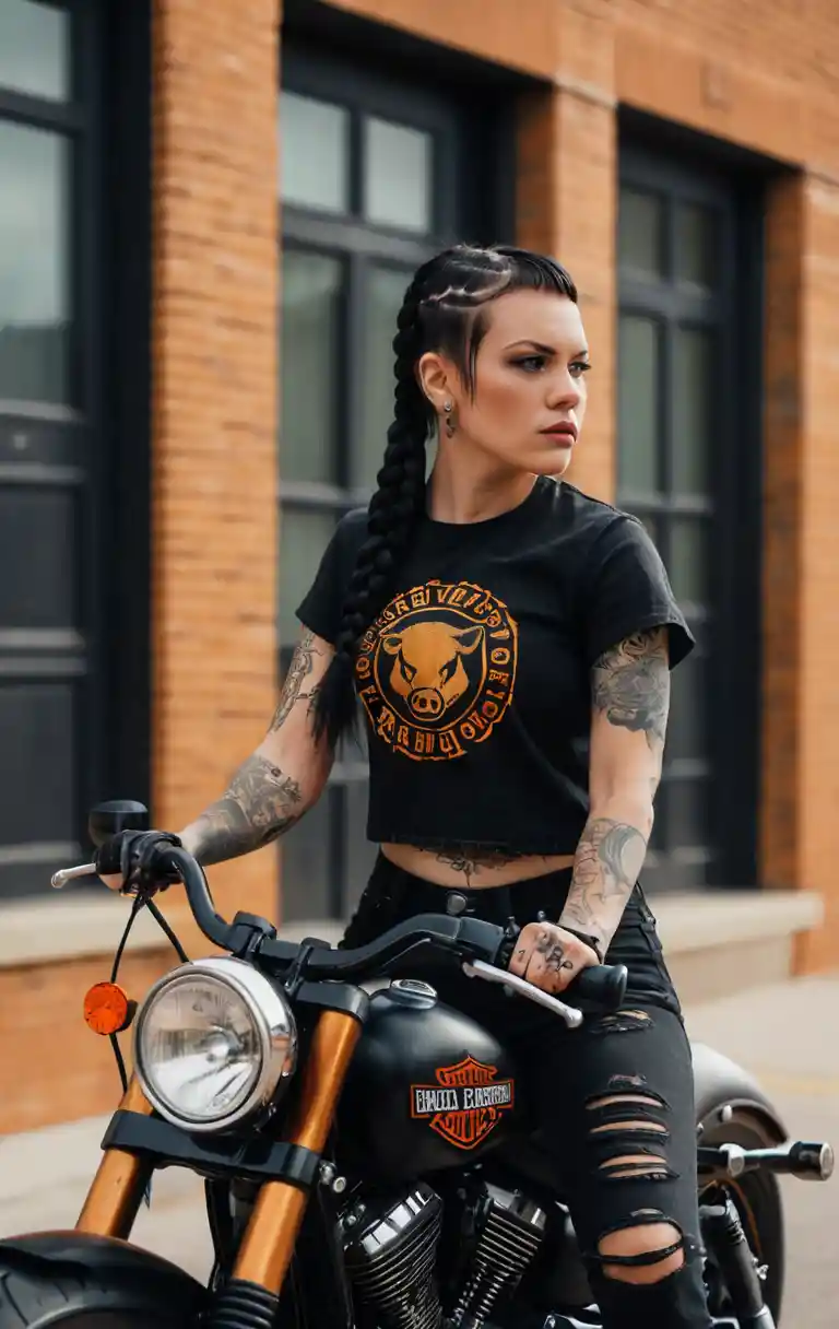 Mulher motociclista tatuada pilotando moto preta na cidade