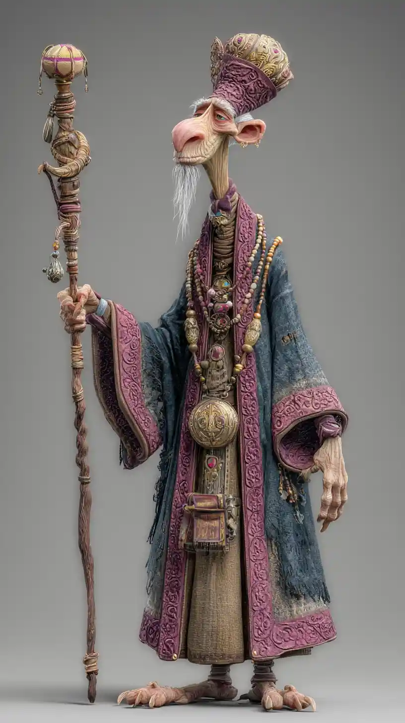 Mago alto e desengonçado em manto ornamentado com cajado mágico