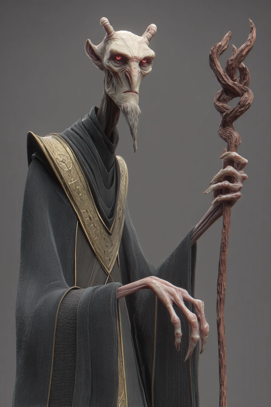 Sinister 3D wizard with red eyes and clawed hands