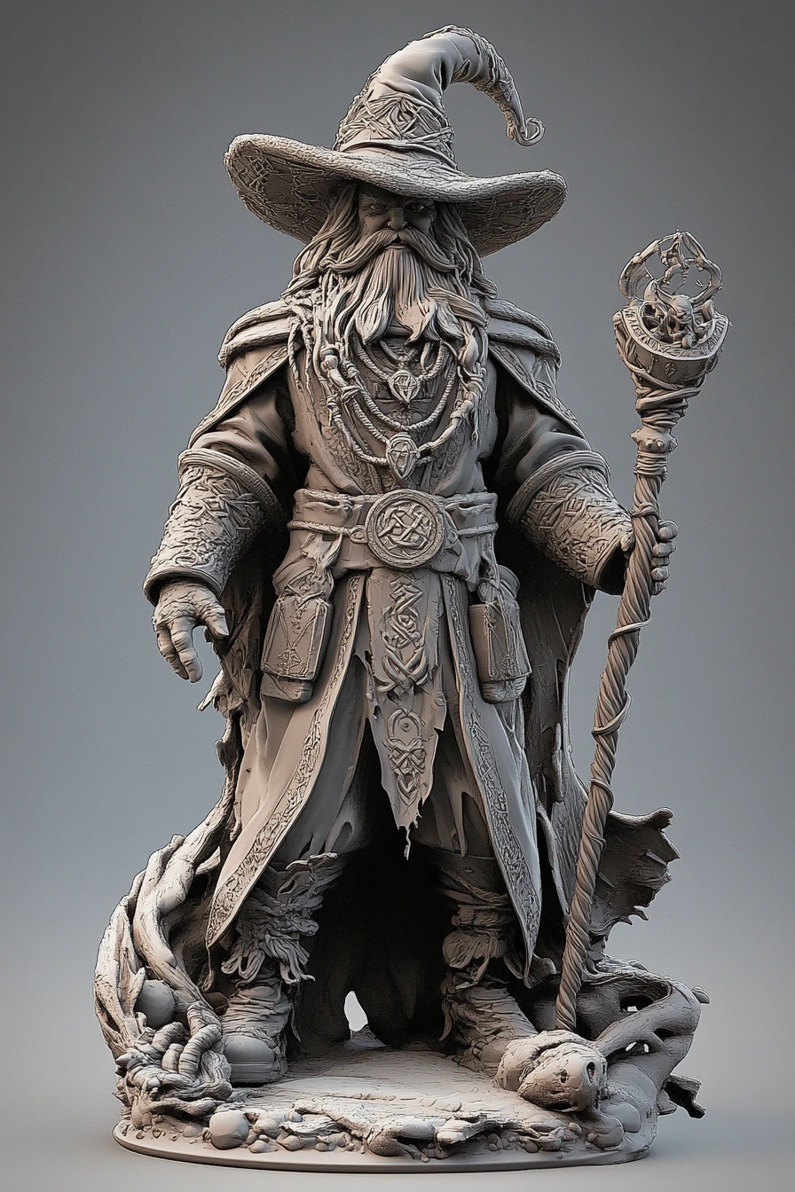 Goofy tall wizard in 3D with amulet and staff