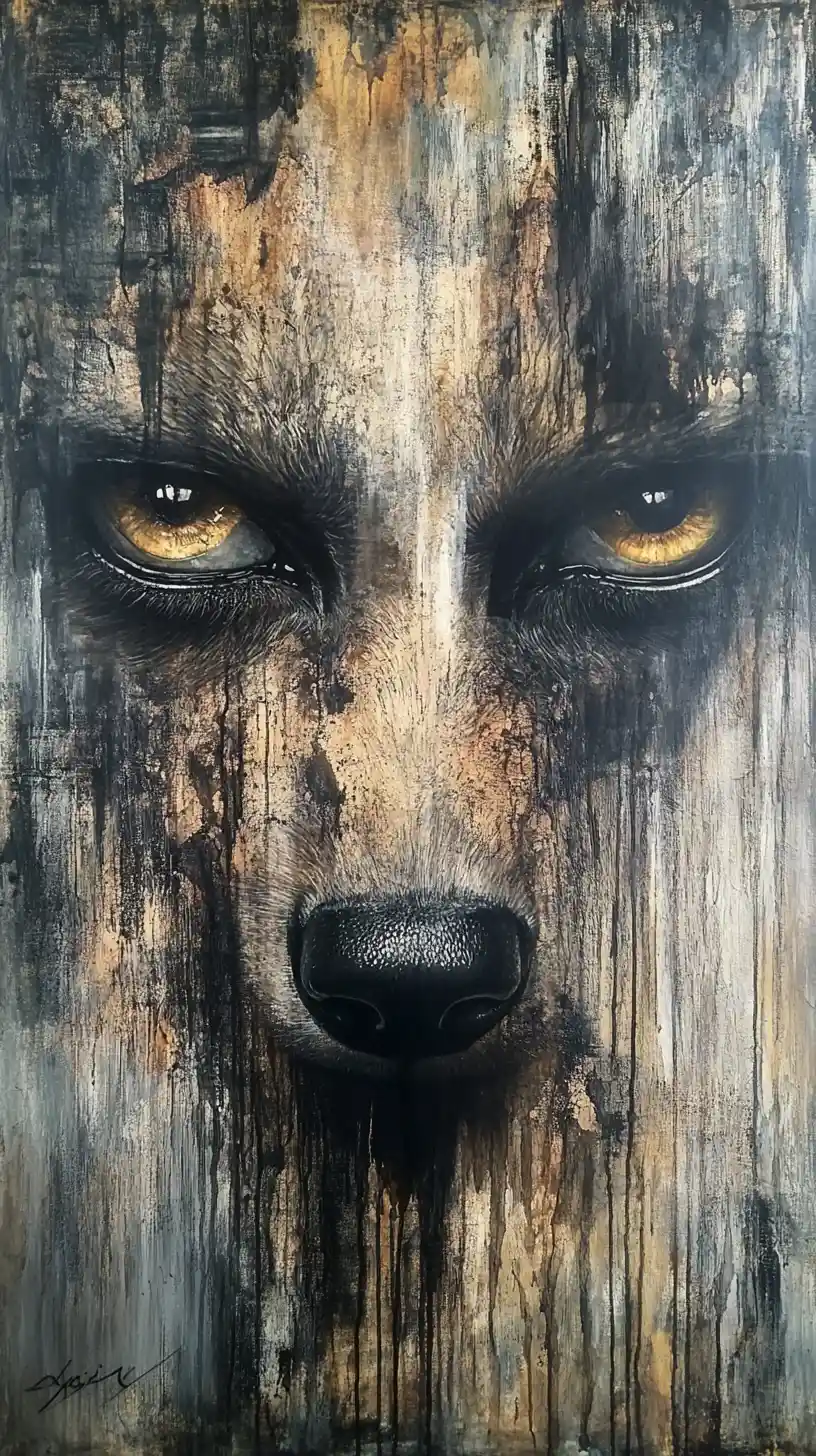 Lobo abstrato em close com grandes olhos reflexivos