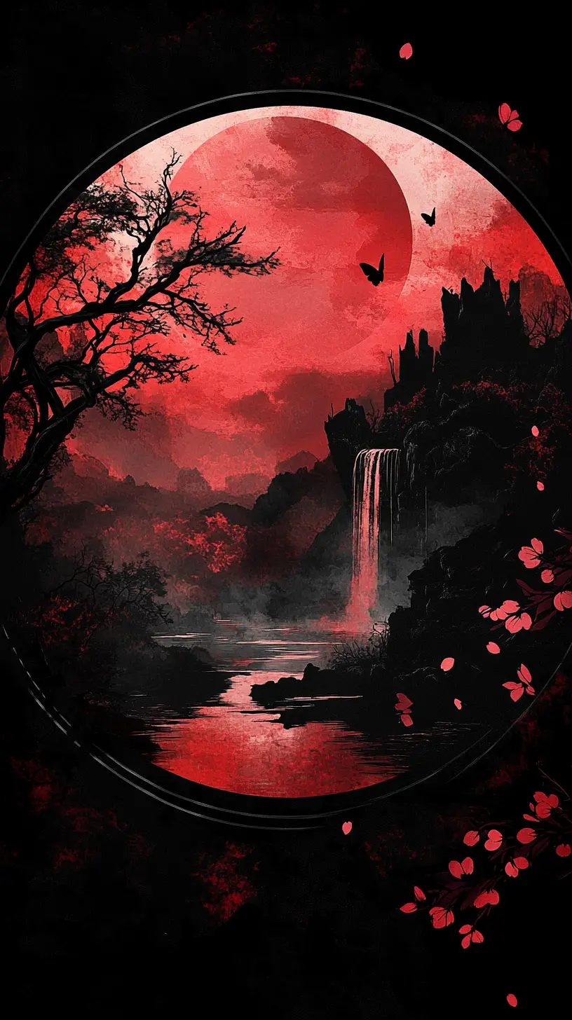 Dunkle Fantasy-Landschaft im runden Tuschpinsel-Rahmen