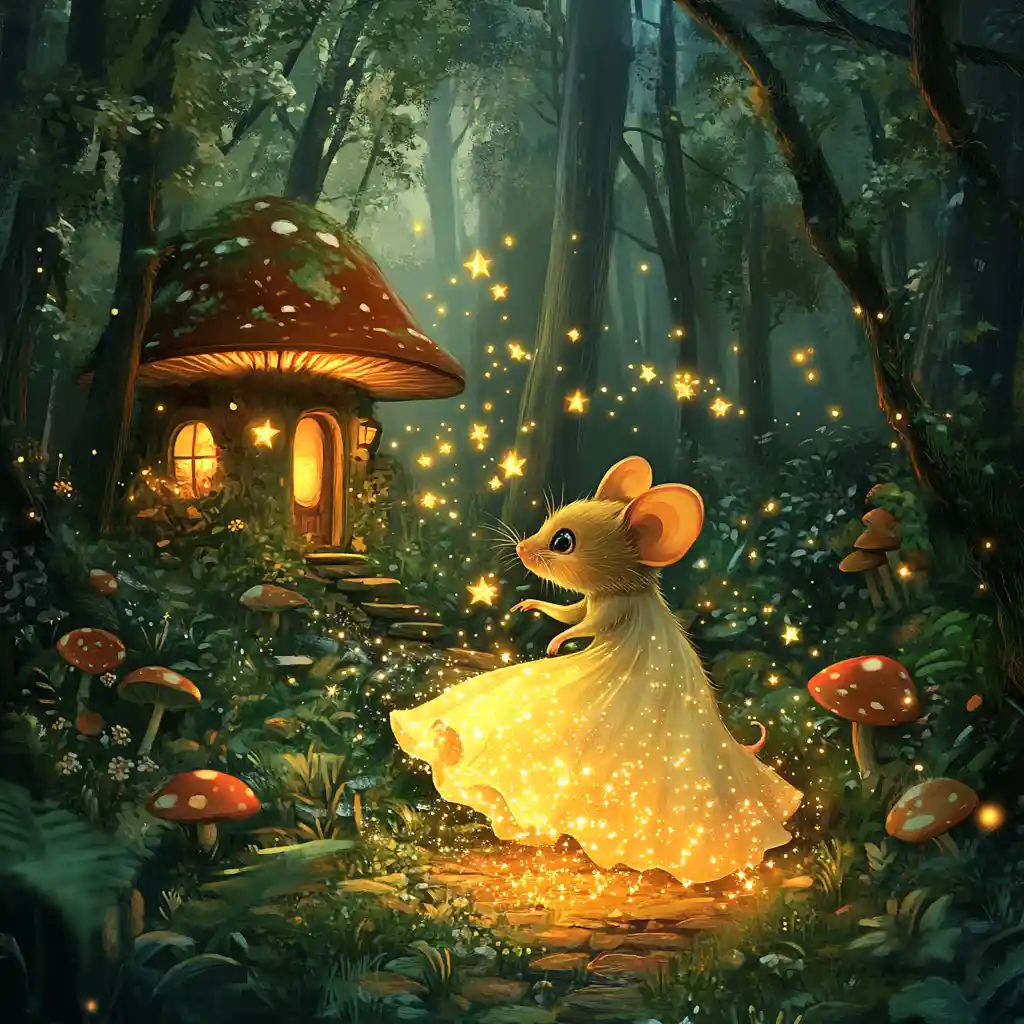 Rato fofo capturando estrelas douradas em uma floresta mágica