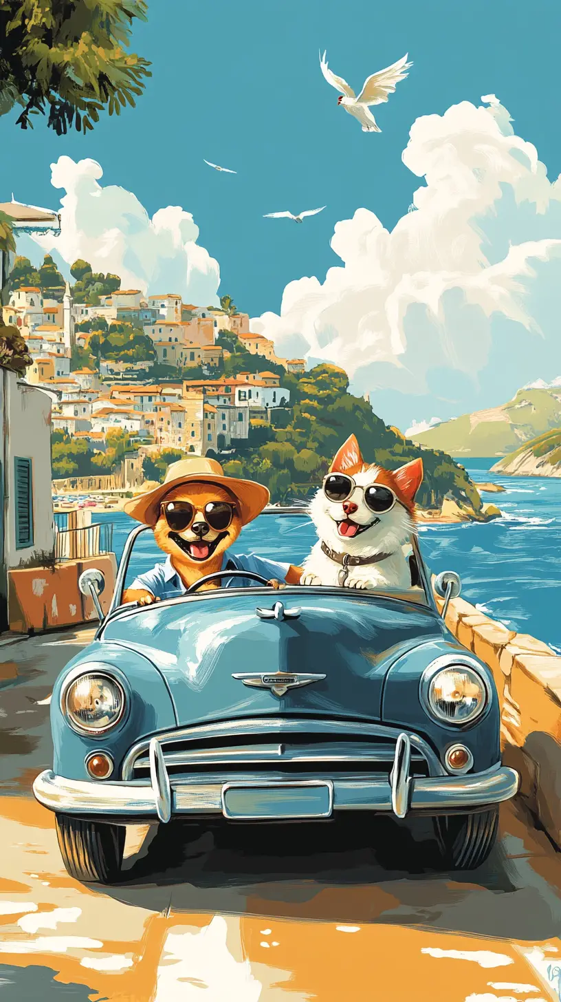 Süßer Hund und Katze fahren ein Vintage-Cabrio an der Küste