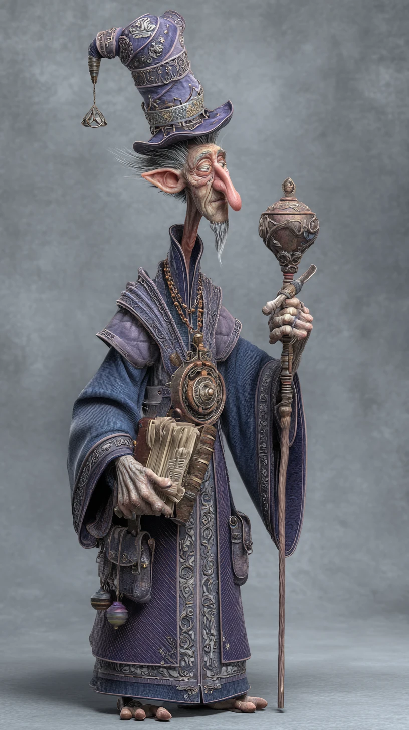 Mago alto e engraçado em estilo fantasia 3D detalhado