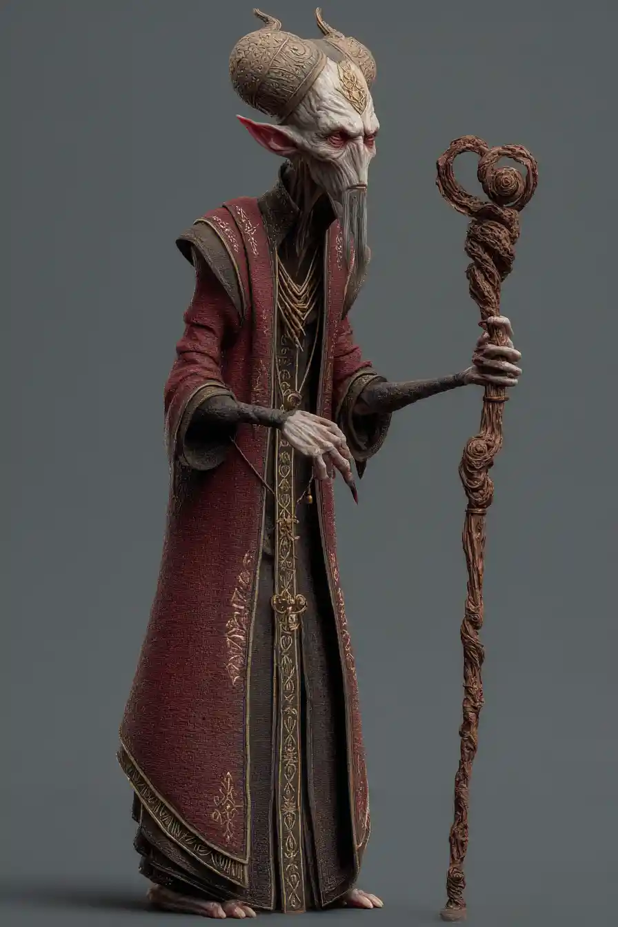 Dark wizard in gold trimmed gown with twisted staff