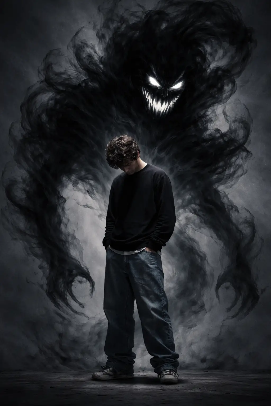 Jeune homme et gigantesque monstre d’ombre derrière lui