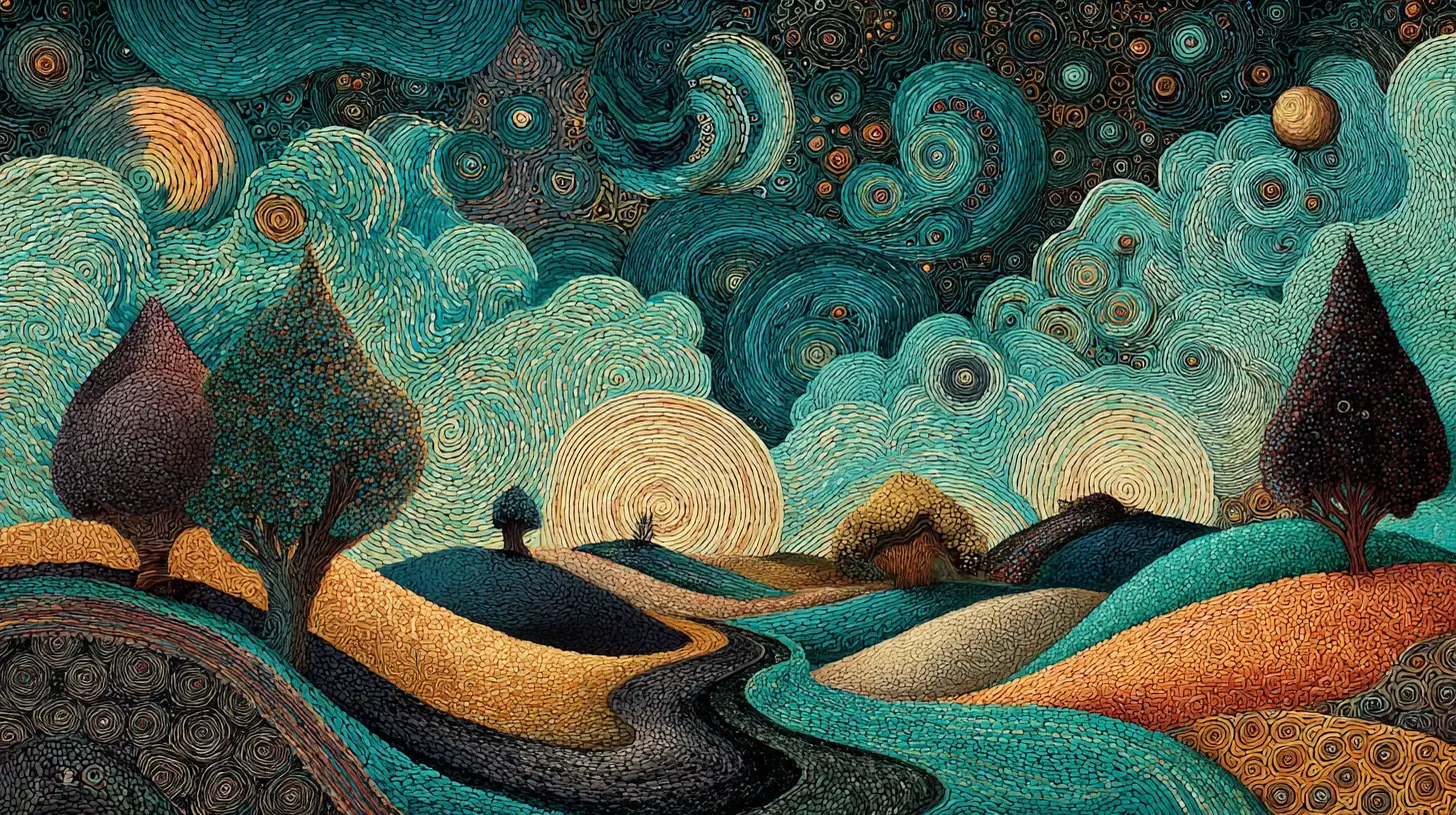 充滿旋轉繽紛圖案的超現實夢幻景觀