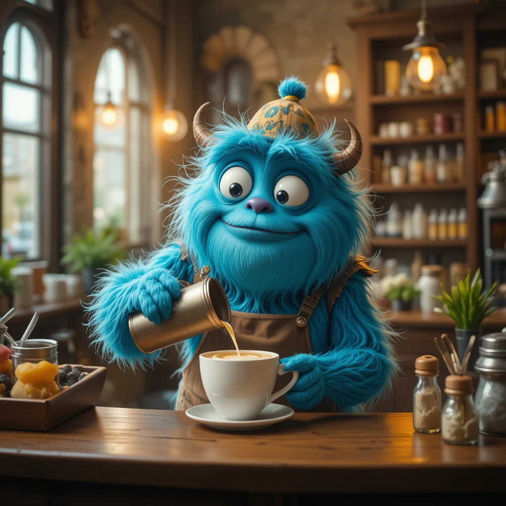Barista monstro fofo fazendo latte art em um café aconchegante