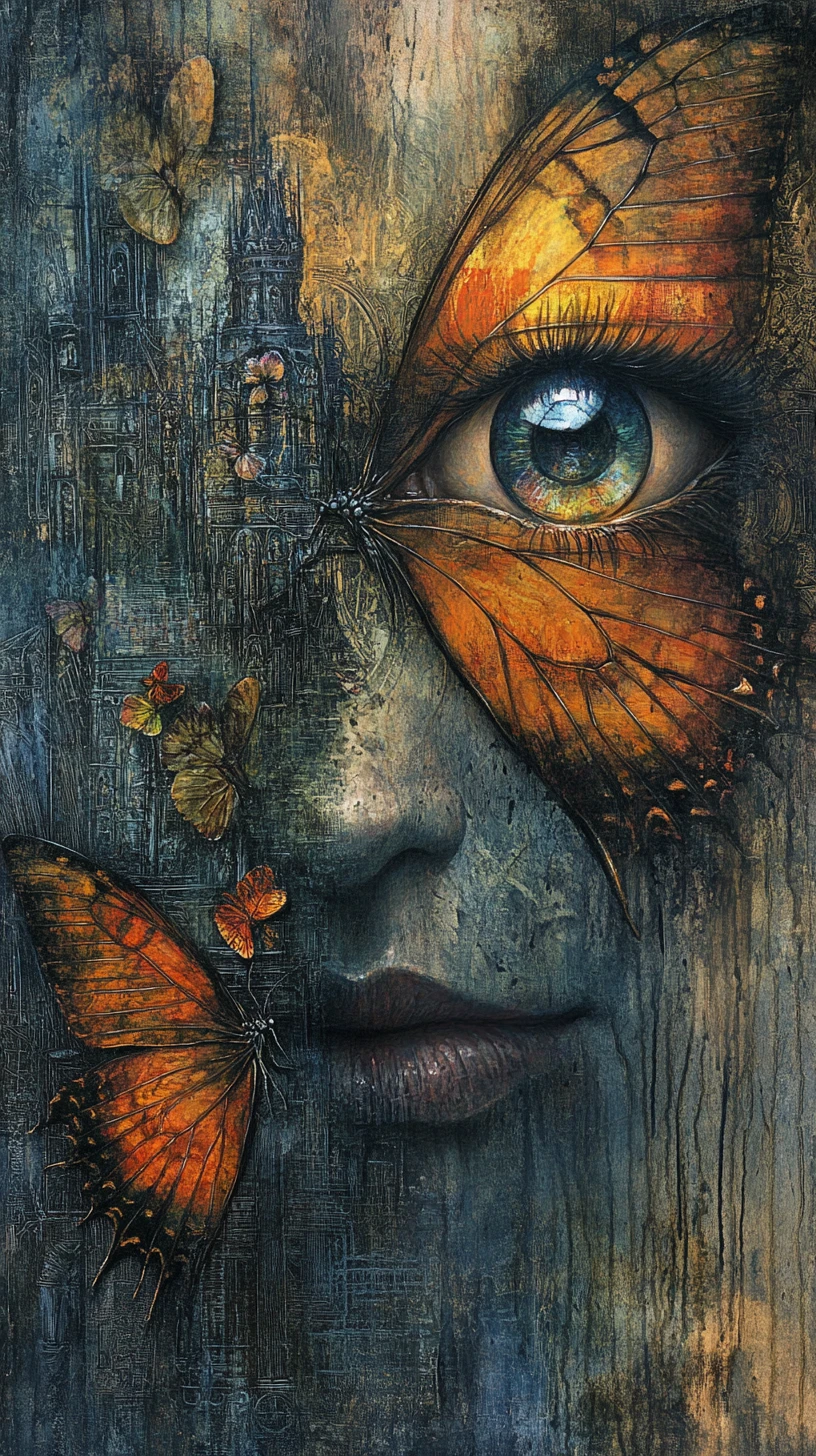 Surreal mixed media painting of a vibrant butterfly visage