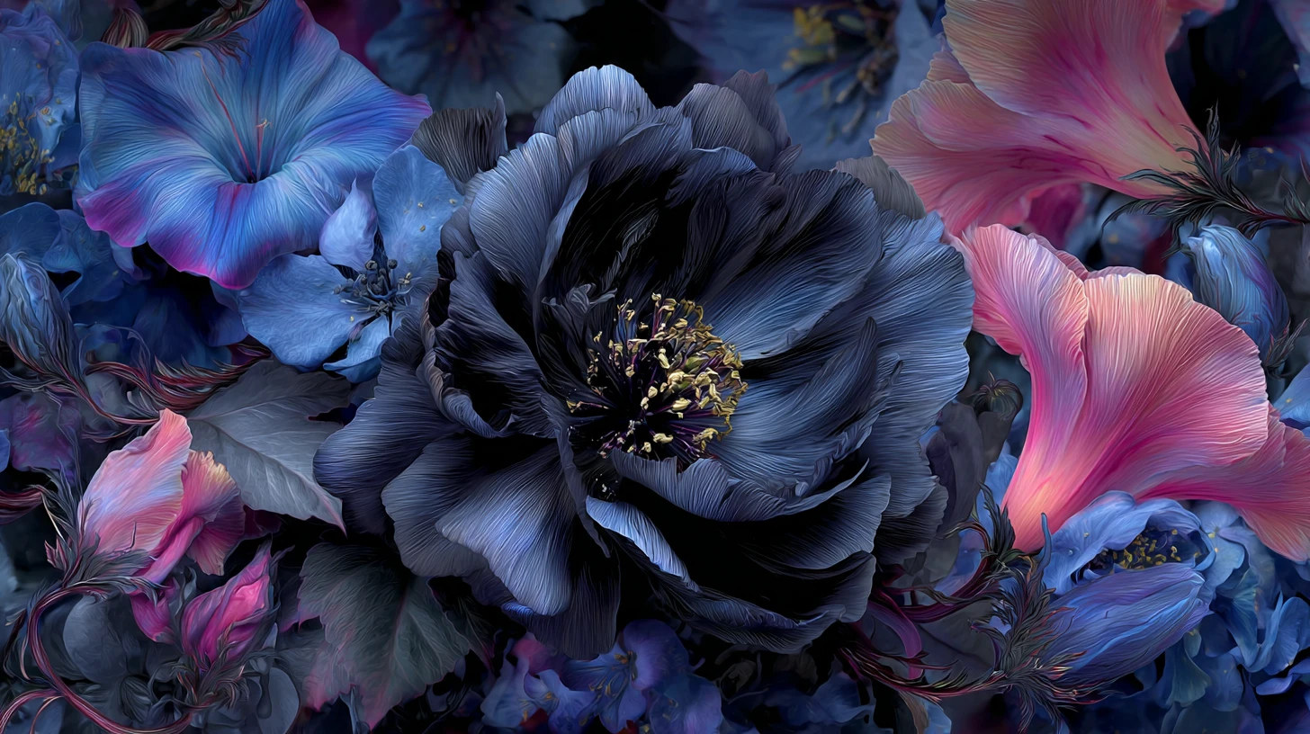 Surrealer Garten aus verschmelzender schwarzer Pfingstrose und Prunkwinde