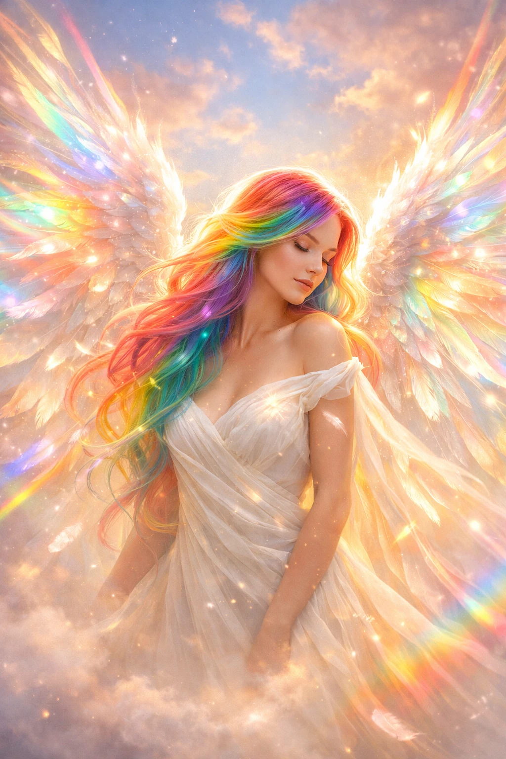 Anjo com Asas Arco-Íris Explodindo em Luz Radiante