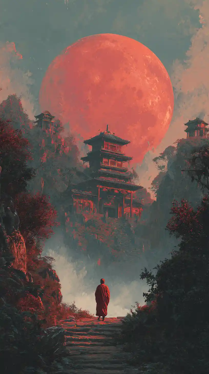 紅月下寺廟前的亞洲僧侶